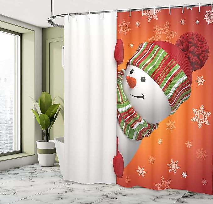 Ambesonne Christmas Shower Curtain, Modern Snowman Illustration and Hat Scarf New Year Celebration Design Xmas Joy, Cloth Fabric Bathroom Decor Set with Hooks, 69" W x 84" L, White Orange