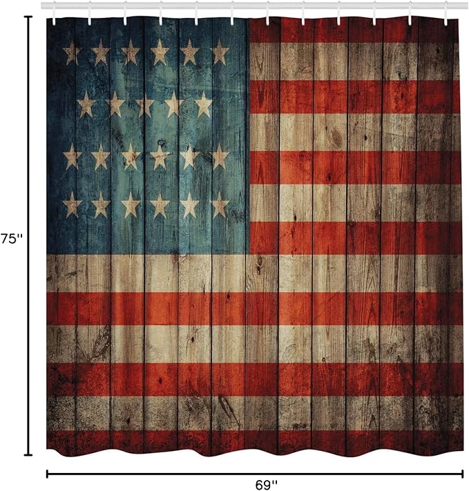 Ambesonne USA Shower Curtain, Fourth of July Independence Day Painted Old Wooden Rustic Background Patriot, Cloth Fabric Bathroom Decor Set with Hooks, 69" W x 75" L, Blue Red