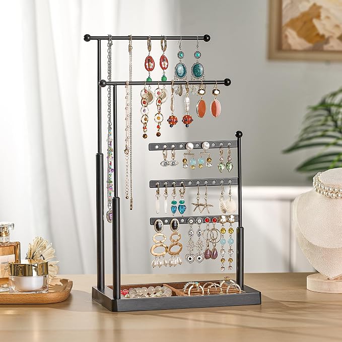 pickpiff Jewelry Organizer Holder Stand: 3 Tier Jewelry Storage Display for Necklace, Bracelet, Earring, Ring, Black & Brown