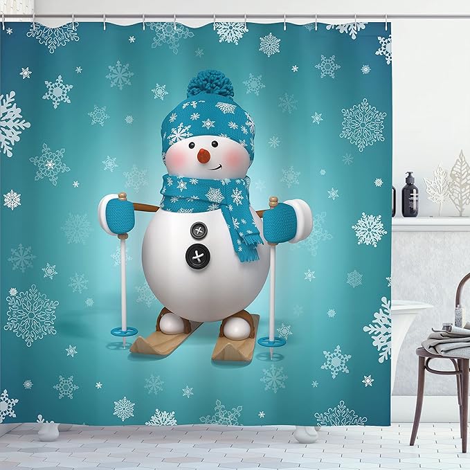 Ambesonne Snowman Shower Curtain, Skiing with Ornate Snowflakes Winter Vacation Activity Fun Hobby, Cloth Fabric Bathroom Decor Set with Hooks, 69" W x 75" L, Turquoise White Pale Brown
