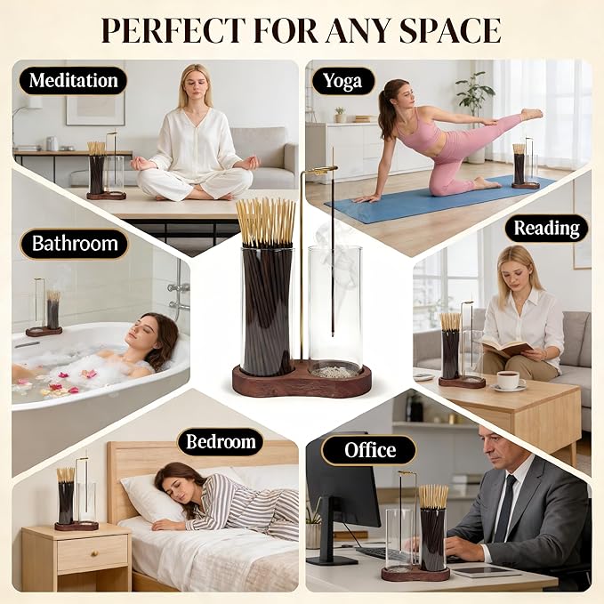 Glass Incense Holder for Sticks, 2-in-1 Incense Burner with Ash Catcher & Storage, Natural Wood Stick Holder for Meditation Yoga Zen Home Decor, Unique Spa Gift for Women