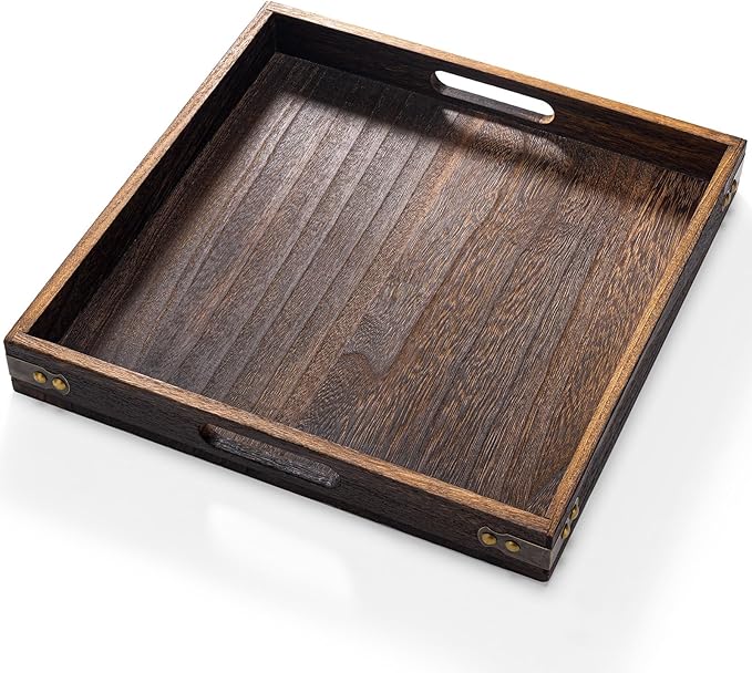 Serving Tray with Handles,12.75"*12.75"Wood Decorative Tray for Living Room,Modern Coffee Table Tray,Square Large Serving Platters for Home Decor,Ottoman,Bed,Kitchen,Bathroom, Breakfast,Bar