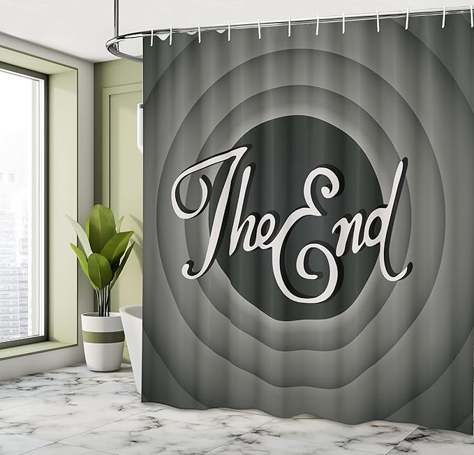 Ambesonne 1950s Shower Curtain, Vintage Movie Ending Screen Camera Hollywood Industry Film and Television, Cloth Fabric Bathroom Decor Set with Hooks, 69" W x 84" L, Grey Green