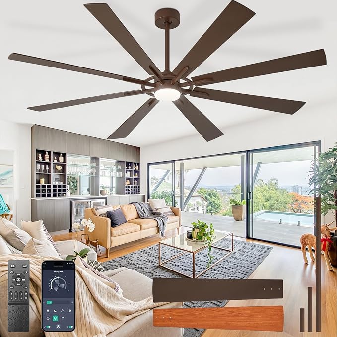 Large Ceiling Fans with Lights: Modern 84 Inch 8 Blade Outdoor Ceiling Fan with Remote APP Control - Dimmable Big Fan Light Indoor Reversible 6 Speed Quiet DC Motor - Brown