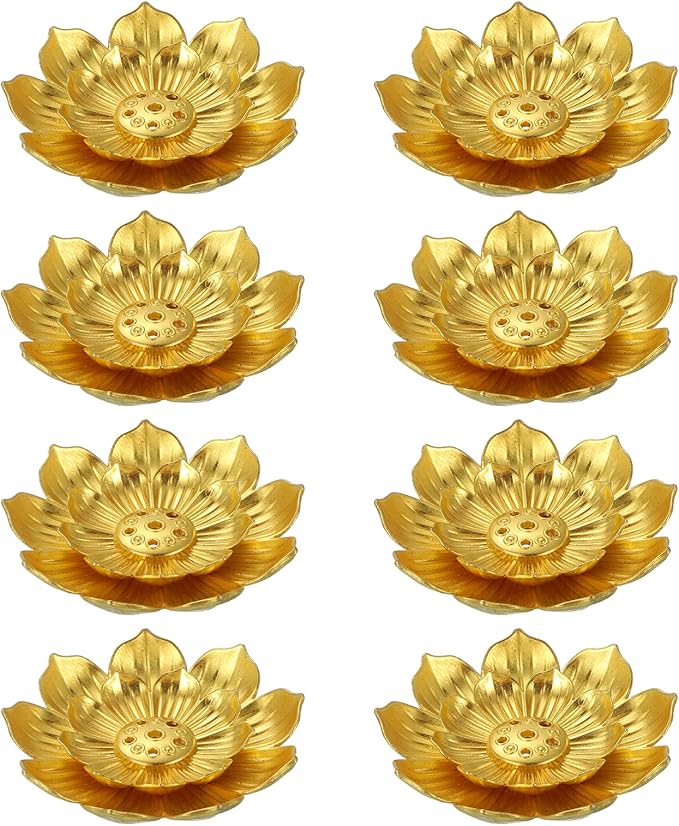 uxcell 8pcs Incense Burner Kit, Brass Lotus Stick Incense Holder 6 Incense Holes Detachable Ash Catcher for Yoga, Meditation, Gold