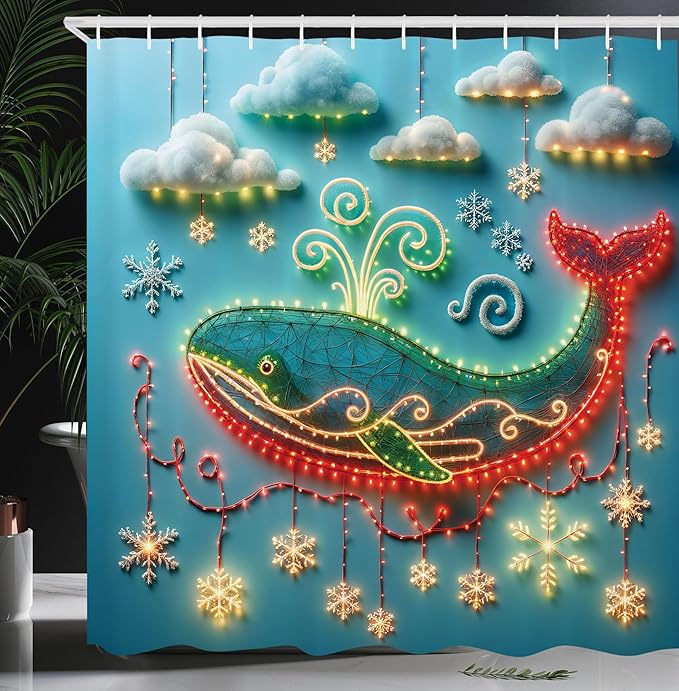 Ambesonne Christmas Shower Curtain, Merry Xmas Theme with Realistic Motifs Print Whale and Clouds, Cloth Fabric Bathroom Decor Set with Hooks, 69" W x 70" L, Cream Sea Blue and Vermilion