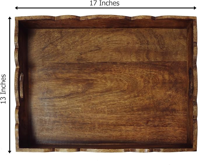 COTTON CRAFT Hand Carved Wooden Serving Tray - Breakfast Tray with Handles | Natural Finish Decorative Dinner Tray - Rustic Intricately Detailed Unique Furnishing Accent - Food Tray - 17x13x2.5 Inches