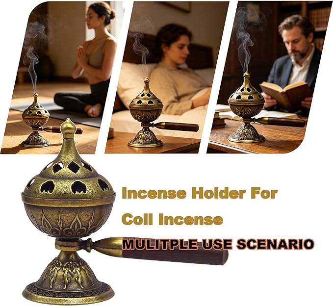Handheld Incense Burner with 360° Rotating Handle-Chinese Bronze Style Holder for Incense Coils, Yoga Meditation, Home Office Desk Decor
