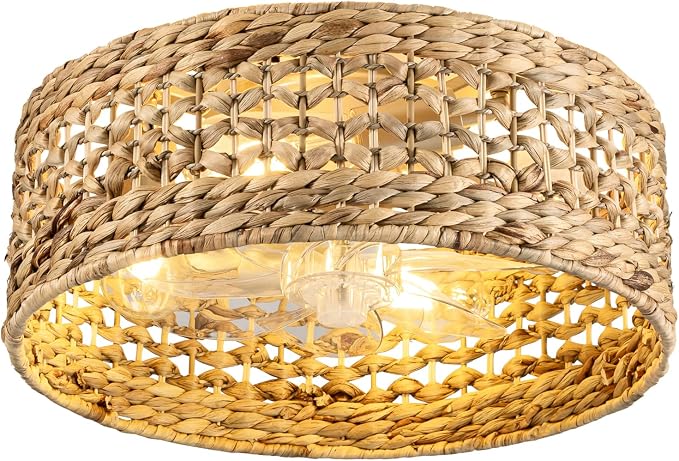 Handwoven Boho Ceiling Fan with Light,Rattan Caged Ceiling Fans with Lights and Remote Control Flush Mount Low Profile Enclosed 6 Speeds Fandelier for Bedroom,Living Room,Dining Room,4-Light