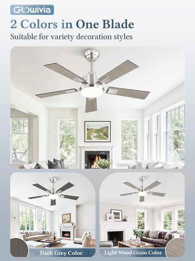 42 Inch Ceiling Fans with Lights and Remote&APP Control, Brushed Nickel Smart Ceiling Fan with 3000-6000K Dimmable, 6 Speeds Reversible, Indoor/Outdoor Ceiling Fan for Bedroom Living Room