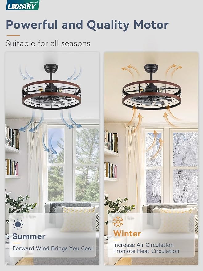 LEDIARY 22 inch Caged Ceiling Fan with Light, Fandelier Industrial Ceiling Fan with Remote, Farmhouse Fan Lights Ceiling Fixtures for Kitchen, Bedroom, Outdoor（6 Speed, Timing）-Walnut