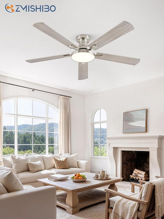 ZMISHIBO 52 Inch Flush Mount Ceiling Fan with Light, Remote&APP, Nickel | 6-Speed Quiet DC Motor, Dimmable 24W LED with 3CCT (3000K-6500K), Modern Low Profile for Living Room, Bedroom, Kitchen