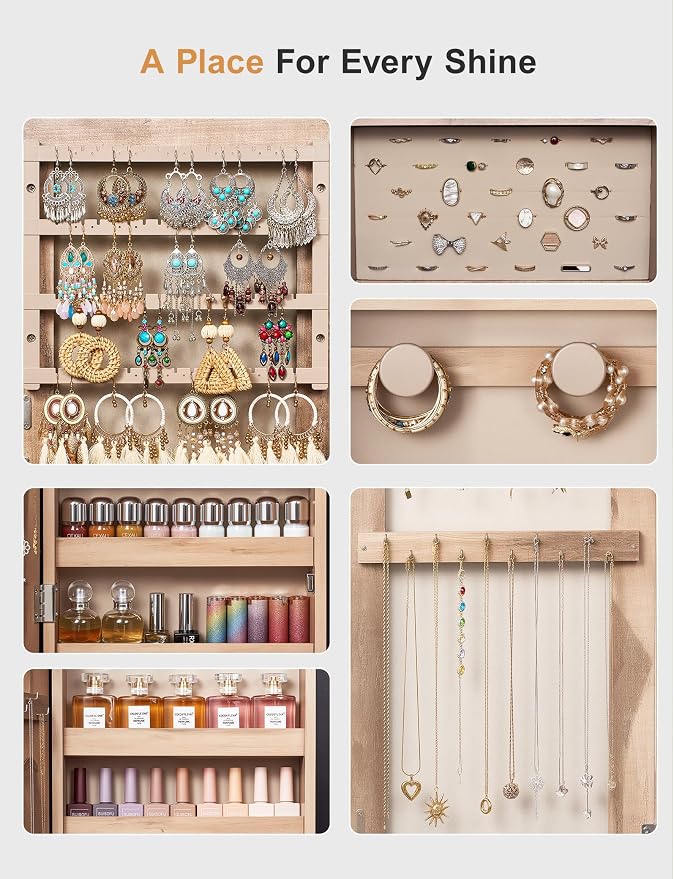 Nicetree Jewelry Cabinet Armoire with 2 Drawers, Standing Jewelry Mirror Cabinet, Full Length Mirror with Jewelry Storage, Lockable Jewelry Organizer with Mirror, Oak