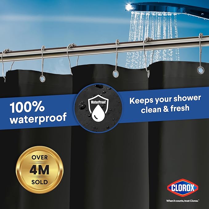 Clorox Shower Curtain Liner, Premium Medium Weight Flexible Waterproof 6g PEVA for Bathroom with Weighted Magnets, Standard Size 72" x 72", Black 1 Pack