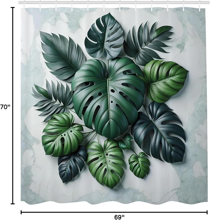 Ambesonne Dark Green Shower Curtain, Tropical Leaves Monstera and Palms on Marble Print Background, Cloth Fabric Bathroom Decor Set with Hooks, 69" W x 70" L, Fern Green and Pale Seafoam