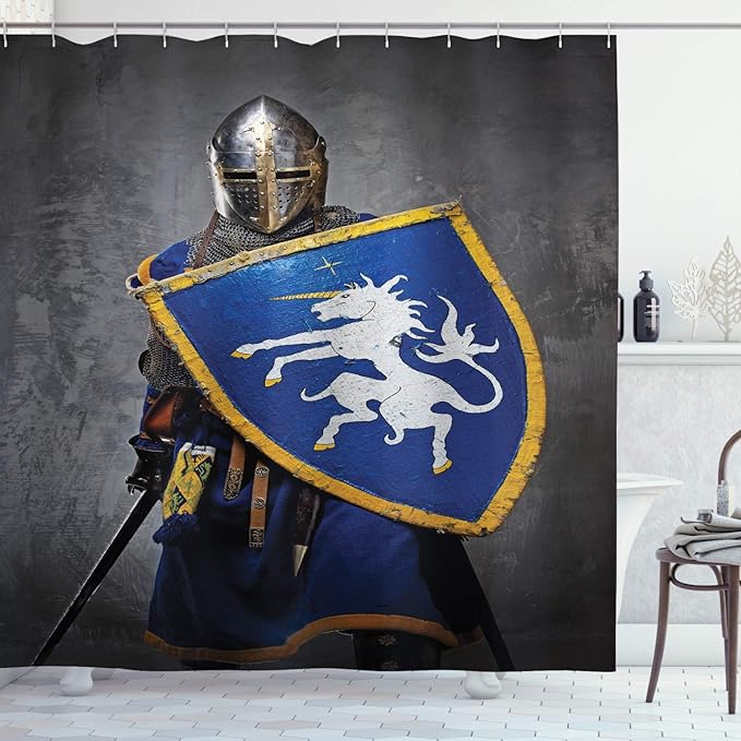 Ambesonne Medieval Shower Curtain, Medieval Knight Holding an Aged Old Shield Historical Theme Digital Print, Cloth Fabric Bathroom Decor Set with Hooks, 69" W x 70" L, Blue Grey