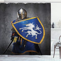 Ambesonne Medieval Shower Curtain, Medieval Knight Holding an Aged Old Shield Historical Theme Digital Print, Cloth Fabric Bathroom Decor Set with Hooks, 69" W x 70" L, Blue Grey