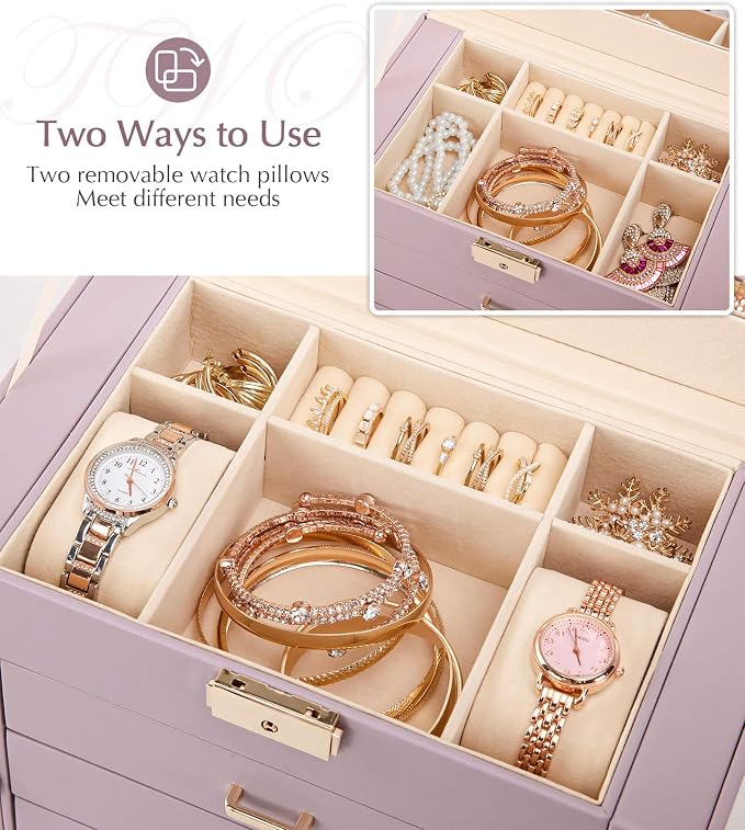 Homde Jewelry Box Large for Women: 6 Layers 5 Drawers Organizer with Mirror for Ring Earring Necklace - Storage Holder with Lock for Dresser (Gray Purple)