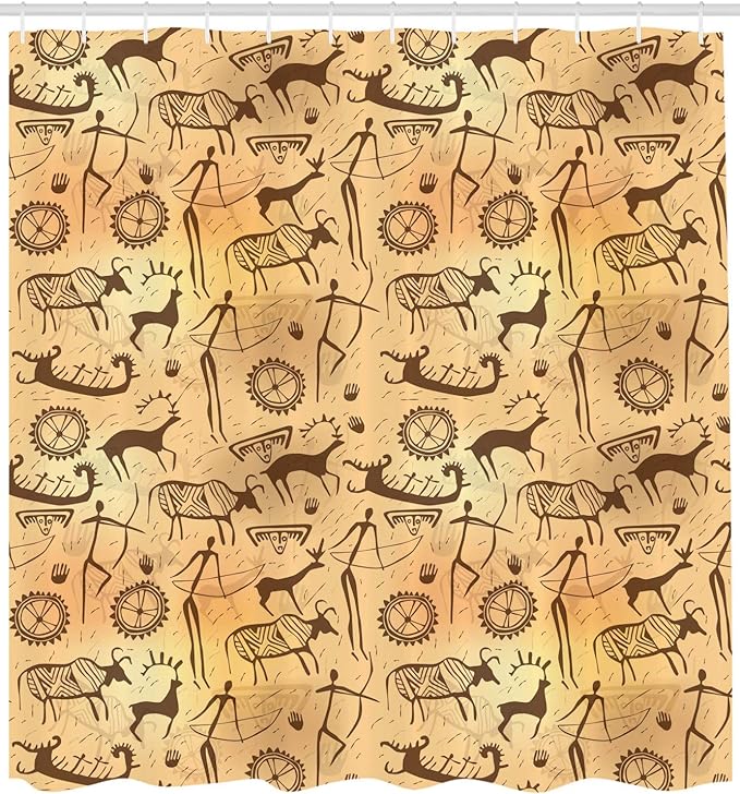 Ambesonne Prehistoric Shower Curtain, Dated Irregular Caveman Paint Forms with Bird and Cow Shape Early Modern Humans, Cloth Fabric Bathroom Decor Set with Hooks, 69" W x 70" L, Tan Brown