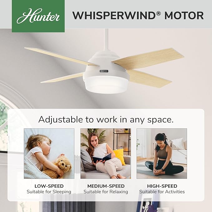 Hunter Dempsey, Indoor, Ceiling Fan, Modern, 4 Blades, 44 inch, Fresh White | with LED Light and Remote Control, Standard Mount, For Bedroom, Living Room, Kitchen, 59246