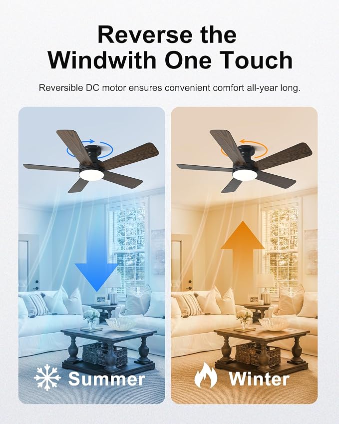 42 Inch Ceiling Fans with Lights, Smart Ceiling Fan with Alexa, Black Ceiling Fan with RGB Lights Remote, 6 Speeds Reversible DC Motor, Modern Flush Mount for Bedroom Living Room