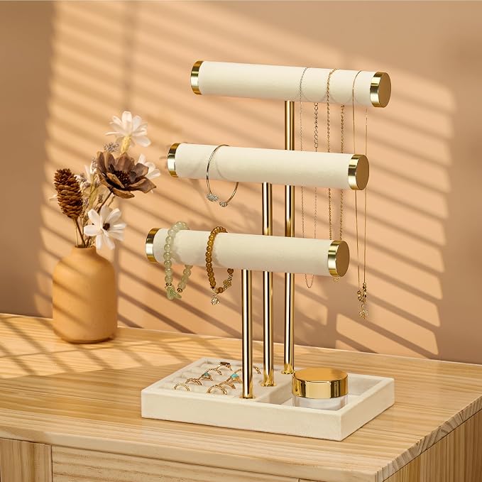 Jewelry Organizer Stand Display, 3 Tier Velvet Bracelet Holder, Beige | Jewelry Organizers and Storage | Jewelry Tree | Jewelry Towers for Necklaces, Bracelets, Earrings, Rings