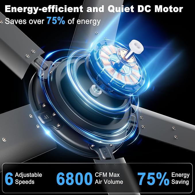 Ohniyou 60'' Ceiling Fan No Light, Black Industrial Ceiling Fan with Remote/APP, Aluminum Blades, 6800 CFM DC Motor for Outdoor Patios,Shop, Garage