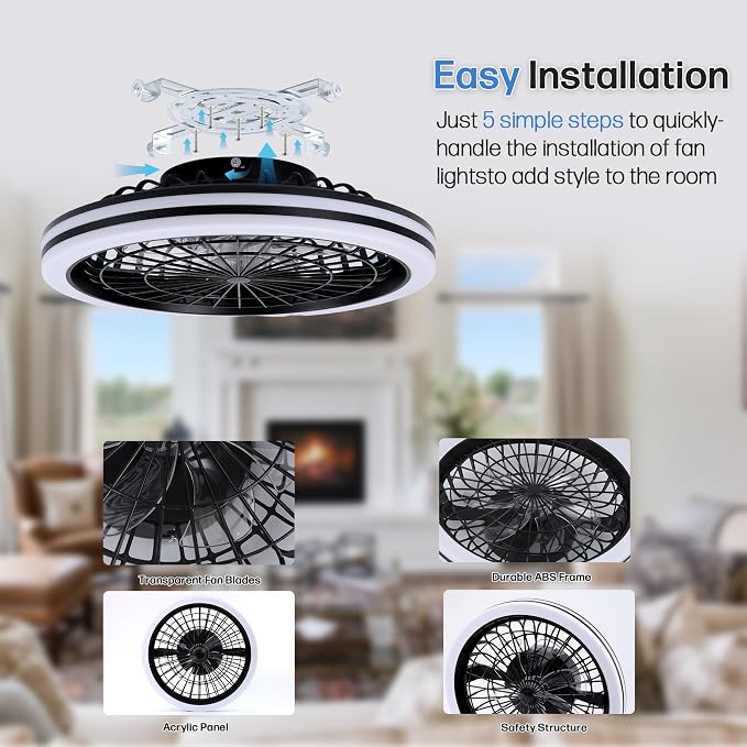 20" Bladeless Ceiling Fans with Light Remote Control,LED Smart Flush Mount Ceiling Fan With light for Bedroom, Kids Room, Reversible Motor, 6 Wind Speed, 3000LM, 57W-White/Black (Black2)