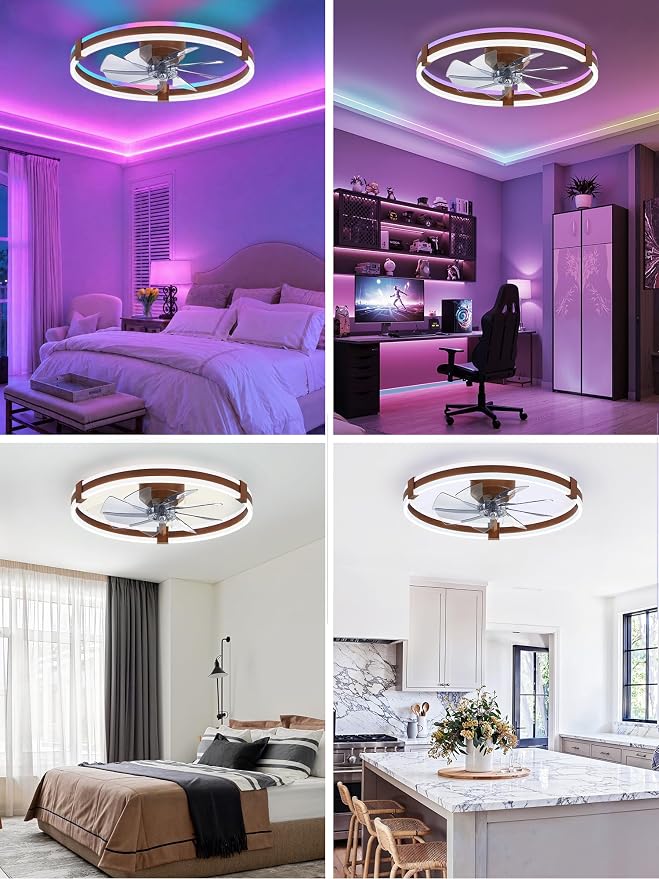 ZMISHIBO RGB Ceiling Fans with Lights and Remote, 23 inch Low Profile Ceiling Fan with Light, 3000K-6000K Dimmable & RGB, Modern Fandelier Flush Mount Ceiling Fan, Small LED Fan for Bedroom,Walnut