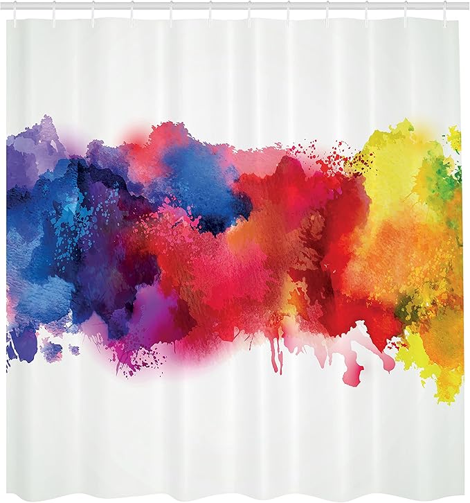 Ambesonne Abstract Shower Curtain, Vibrant Stains of Watercolor Paint Splatters Brushstrokes Dripping Liquid Art, Cloth Fabric Bathroom Decor Set with Hooks, 69" W x 70" L, Yellow Blue