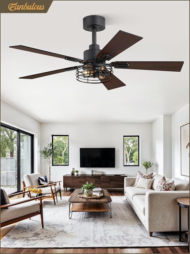 Fanbulous 1 Pack Farmhouse 42 Inch Ceiling Fans with Lights, Black Industrial Caged Ceiling Fans for Bedroom Living Room, Double-Sided 5 Blades Rustic Ceiling Fan