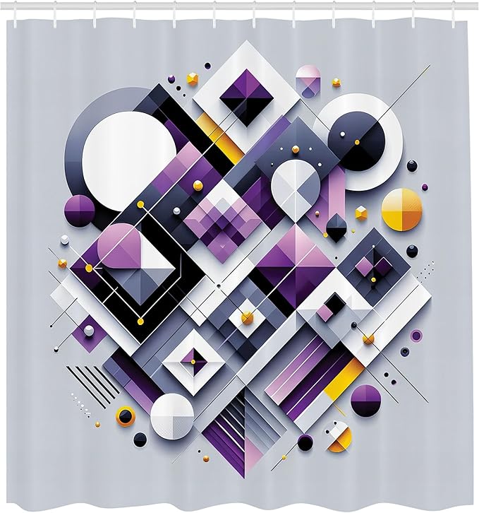 Ambesonne Geometric Shower Curtain, Abstract and Contemporary Style Shapes Circles Squares Stripes Illustration, Cloth Fabric Bathroom Decor Set with Hooks, 69" W x 75" L, Purple Orange