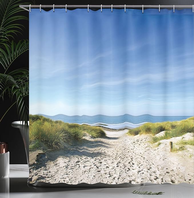Ambesonne Ocean Shower Curtain, Path to The Ocean Sky Sandy Seaside Shore Getaway Relaxing Summertime, Cloth Fabric Bathroom Decor Set with Hooks, 69" W x 84" L, Brown Sky