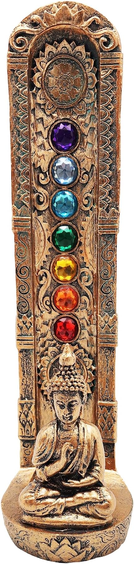 Standing Buddha Chakra Stone Incense Burner – Includes 7 Color Chakra Stones | Handcrafted Resin Holder for Sticks & Cones | Spiritual Meditation Decor for Home, Yoga, Reiki & Healing Rituals