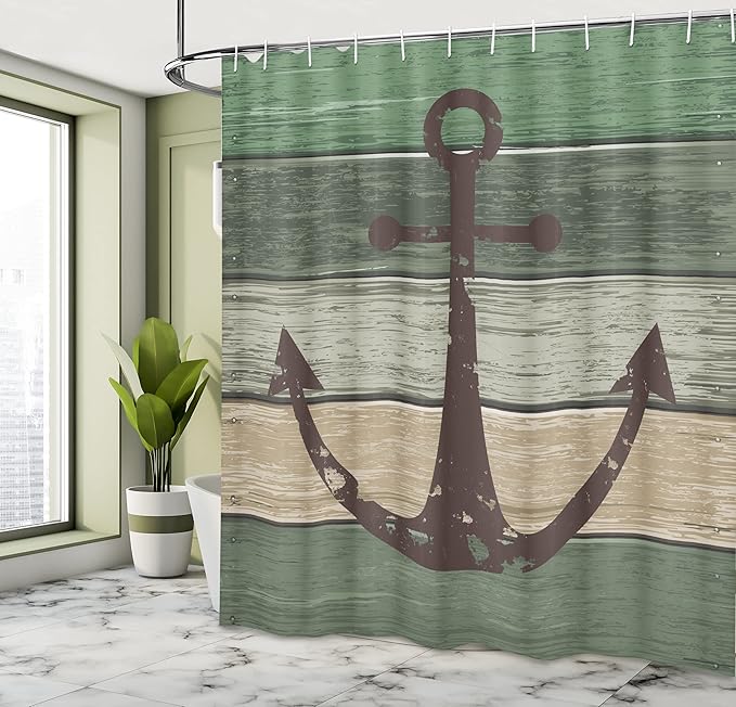 Ambesonne Anchor Shower Curtain, Marine Sailing Sea Symbol and Grungy Rustic Planks in a Neutral Camo Tone, Cloth Fabric Drape for Sea Themed Bathroom Decor Set with Hooks, 69" W x 75" L, Green Khaki