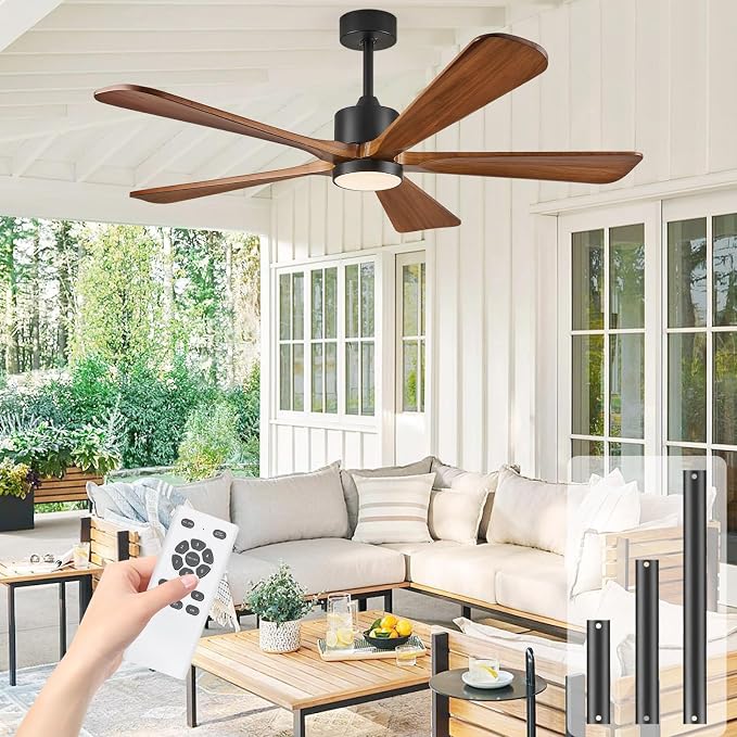 52 Inch Ceiling Fan with Lights and DC Motor by Remote Control,5 Reversible Solid Wood Blades,6-Speed Noiseless DC Motor, Modern Ceiling Fan for Indoor Bedroom Living Room Outdoor Patios