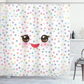 Ambesonne Eyelash Shower Curtain, Kawaii Funny Muzzle Pastel Tone Cheeks and Eyes on Colorful Polka Dots Backdrop, Cloth Fabric Bathroom Decor Set with Hooks, 69" W x 70" L, Brown Multicolor