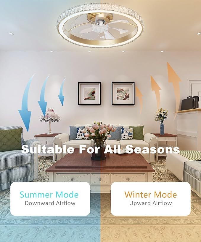 Aipsun 26" Low Profile Modern Crystal Chandelier Ceiling Fans with Lights and Remote, 3000K-6500K Smart Bladeless LED Fan Light, Gold Modern Ceiling Fans with Lights for Bedroom