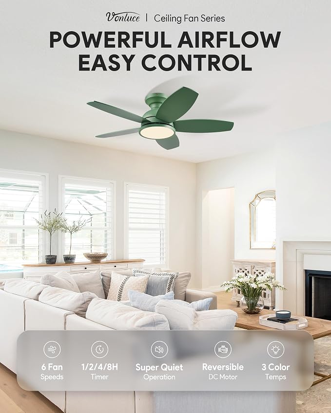 VONLUCE Ceiling Fans with Lights, 36 Inch Ceiling Fan and Remote, Full-spectrum LED Light, 3CCT, 6-Speeds Noiseless Reversible DC Motor, Modern Ceiling Fan for Bedroom Living Room Farmhouse, Green