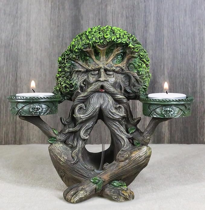 Ebros Gift Mystic Forest Celtic Greenman Tree Man God Ent Meditating Waterfall Smoke Backflow Incense Cone Burner and Double Votive Candleholders Figurine Horned God Tree of Life