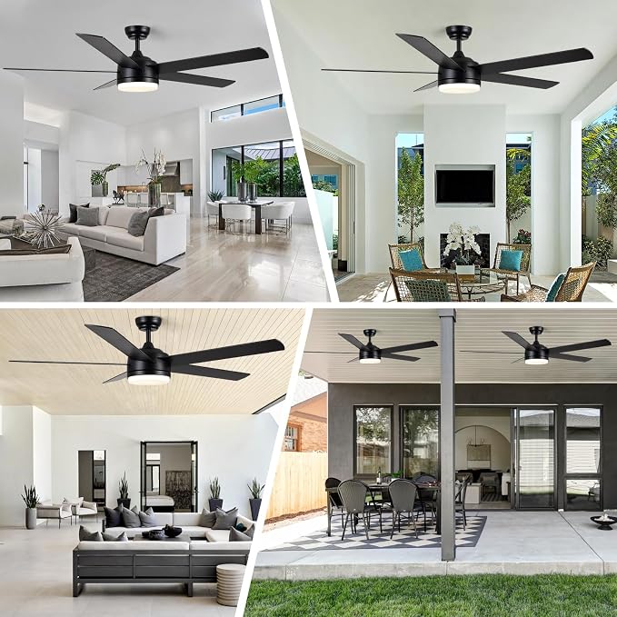 YUHAO 60 Inch Black Ceiling Fan with Light and Remote Control.Noiseless,Dimmable,3CCT,6 Speeds Reversible, DC Ceiling Fans for Indoor or Covered Outdoor Use.ETL Listed