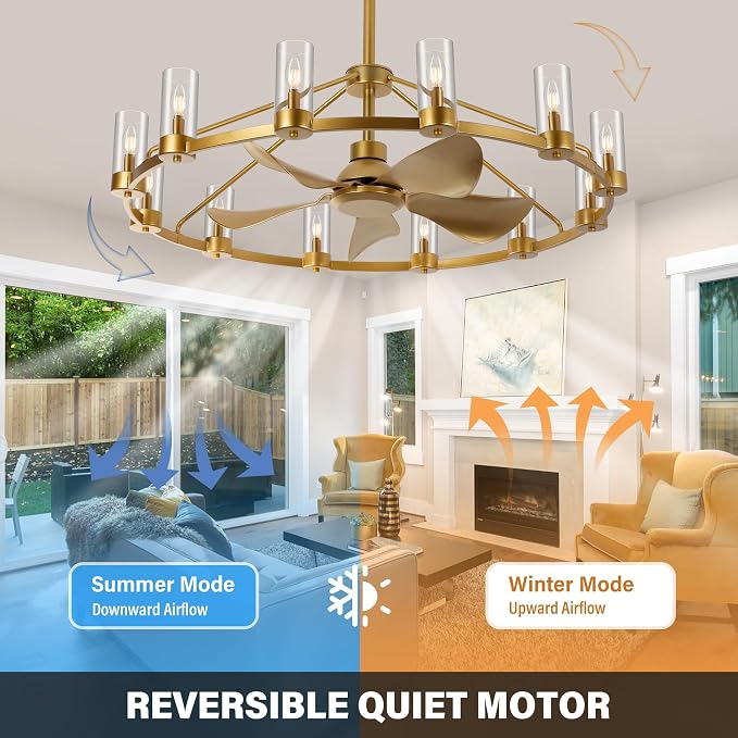 44" Wagon Wheel Chandelier Ceiling Fans with Lights and Remote with APP, 12-Lights Farmhouse Fandelier Fans with Glass Shade, Gold Industrial Lighting Fixture for Dining Living Room, Kitchen Island