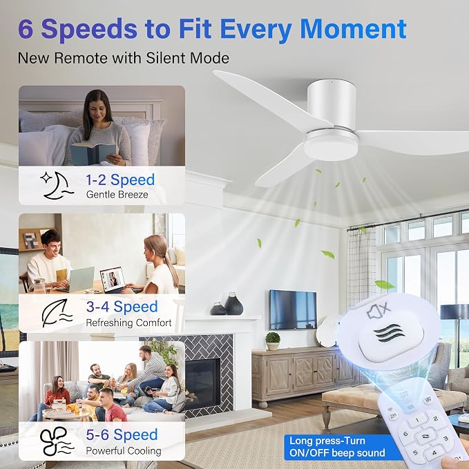 42 Inch Smart Ceiling Fans with Lights Remote,Low Profile Ceiling Fan Control via Voice Alexa App,Modern Flush Mount Fans for Small Bedroom,Patio,Porch,Outdoor Indoor,Matte White,6 Speed,Ultra-quiet