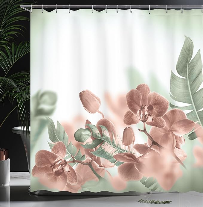 Ambesonne Tropical Shower Curtain, Exotic Orchids Blossom Leaves on Blurred Background Floral Themed Modern Art, Cloth Fabric Bathroom Decor Set with Hooks, 69" W x 84" L, Reseda Green