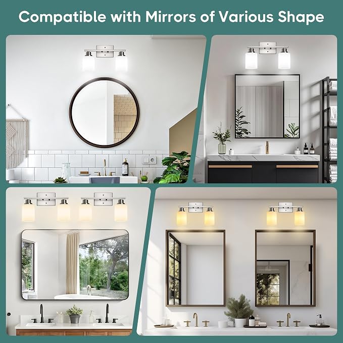 Ascher Bathroom Light Fixtures, 2-Light Vanity Light Over Mirror, Brushed Nickel Wall Sconces with Milky White Frosted Glass Shades, Wall Lamp for Living Room Bedroom, E26 Base(Bulbs Not Included)