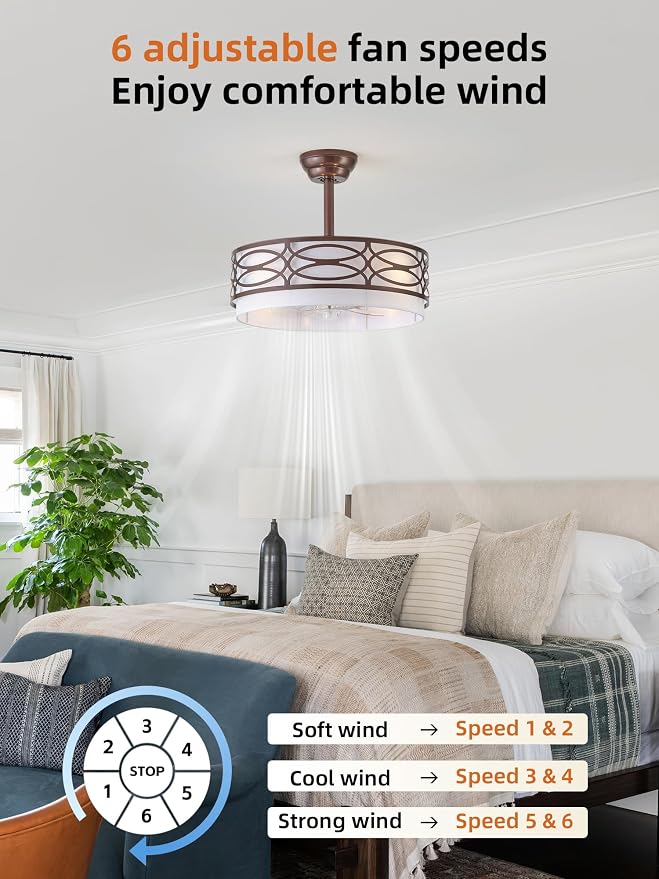 20" Brown Farmhouse Ceiling Fan with Light, Caged Fandelier Ceiling Fans with Lights Remote Control with 6 Speeds for Bedroom, Living Room, Nursery