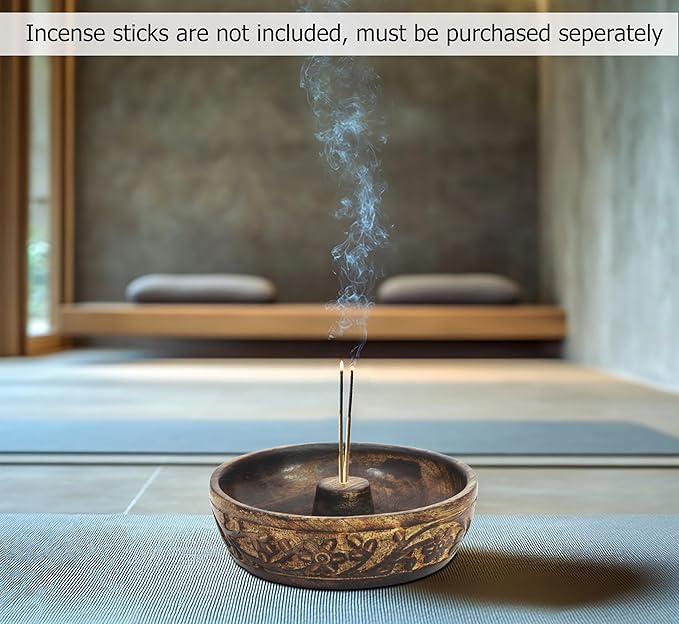 COTTON CRAFT - Wooden Incense Holder - 2 Pack Hand Carved Floral Incense Burner - Ash Catcher Bowl - Incense Sticks Aroma Room Freshener Zen Home Décor Gift - Yoga Meditation - 5 x 5 x 1.5 - Natural