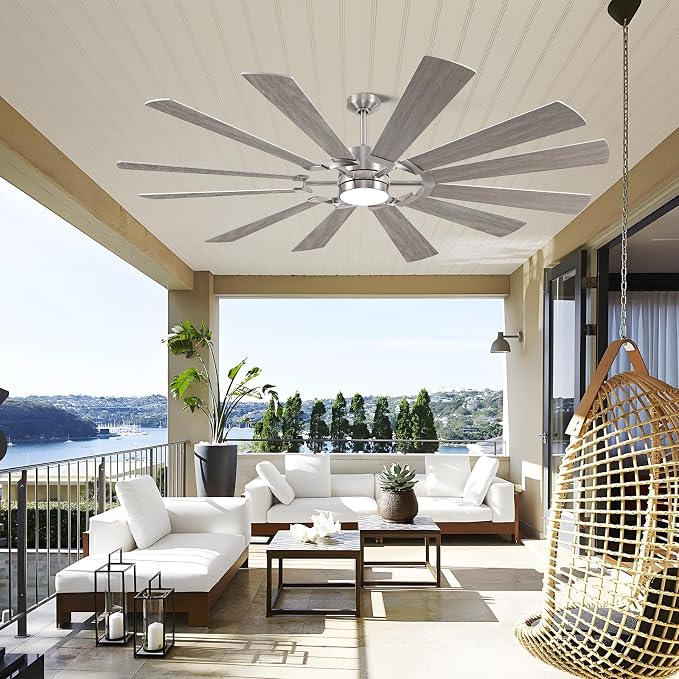 72'' Farmhouse Ceiling Fan with Light,12 Dual-Finish Wind Mill Blades, 3 Downrods, 6-Speed Reversible DC Motor, High CFM, 3CCT, Indoor Outdoor Modern Industrial Fans for Patio Commercial Shop Garage