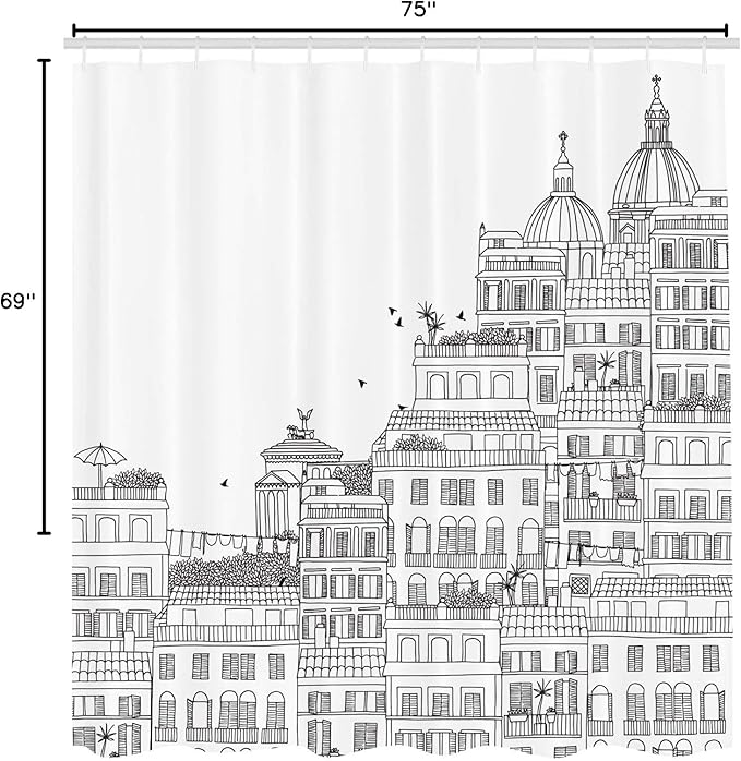 Ambesonne European Shower Curtain, Hand Drawn Italian Town Buildings Cityscape Famous Urban Houses Design, Cloth Fabric Bathroom Decor Set with Hooks, 69" W x 75" L, Grey Black