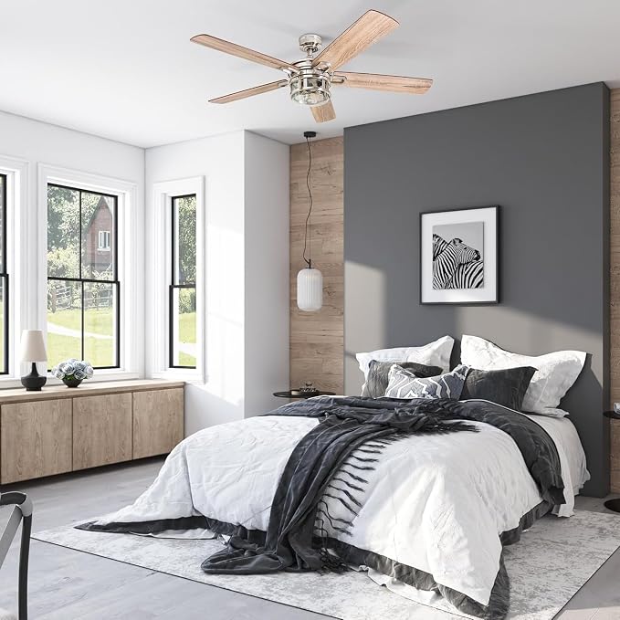 Honeywell Ceiling Fans Bonterra Modern 52 Inch Ceiling Fan with Light, Remote Control, LED Indoor Fan with 5 Blades, Light Brown Pine and Brown Chestnut Blade Finish Options, Brushed Nickel (50610-01)